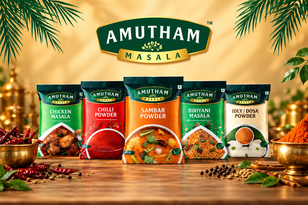 Amutham Masala spice packs with the Amutham logo