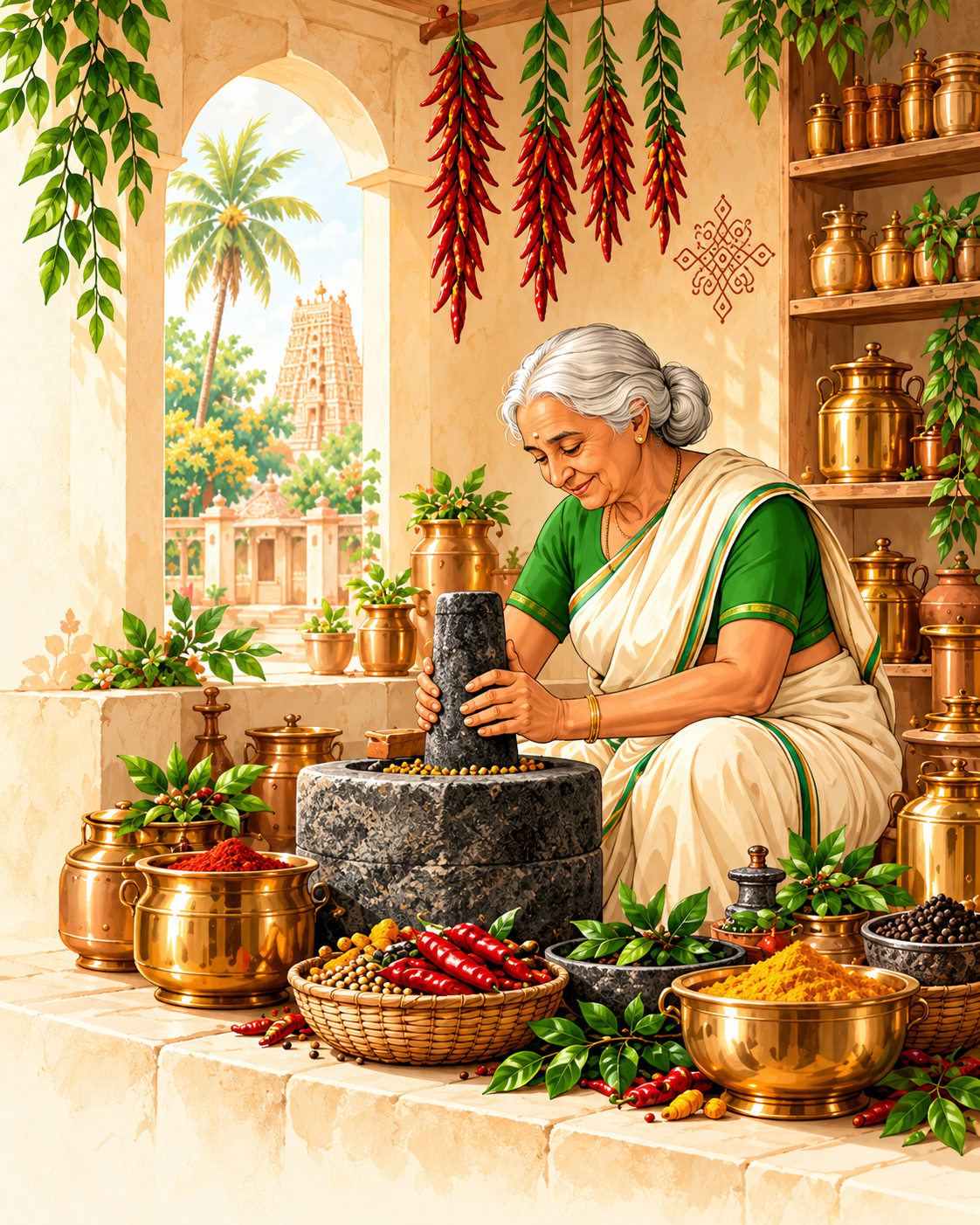 Illustration of a grandmother grinding spices in a traditional South Indian kitchen